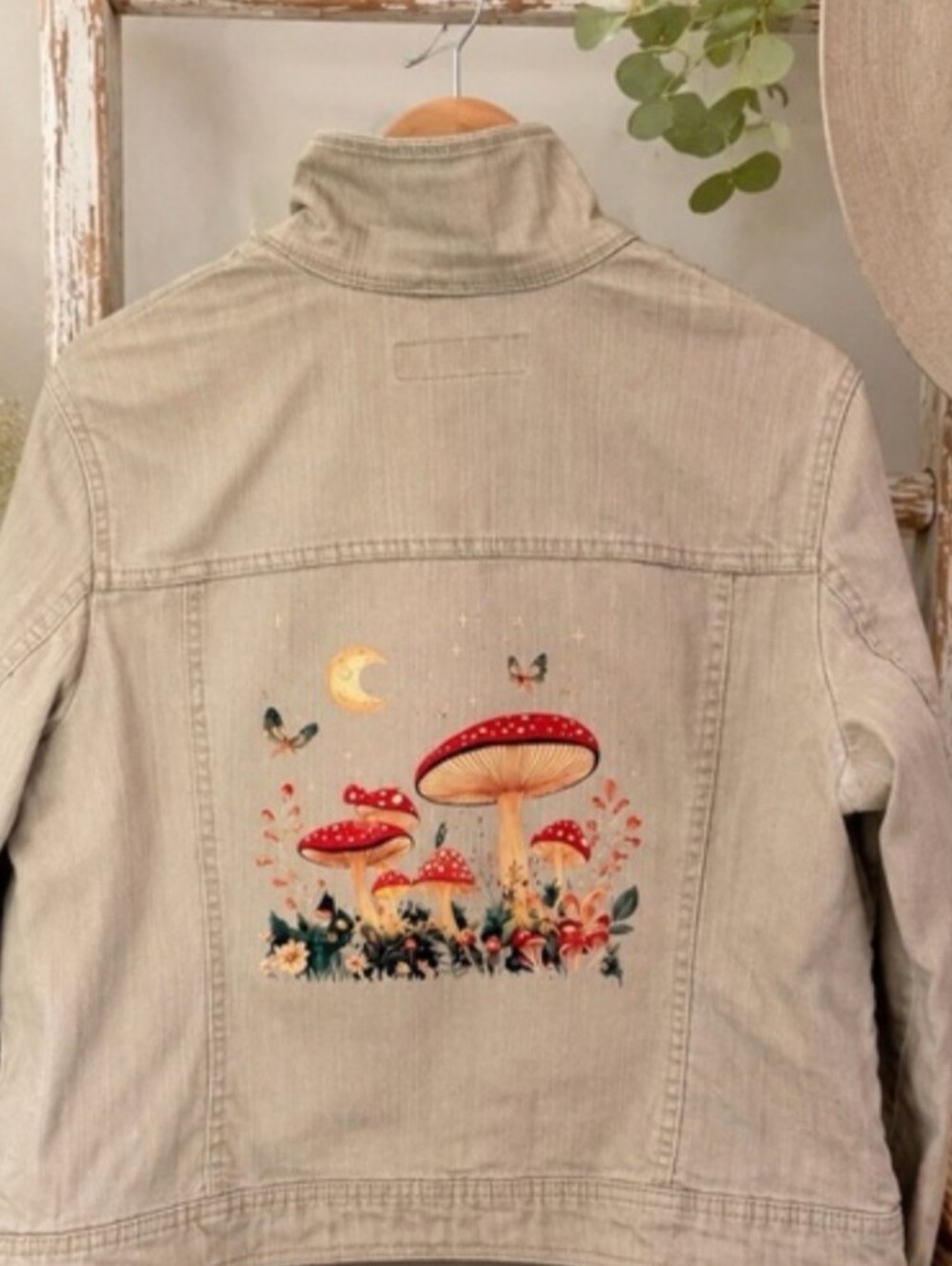 Merona | Large | UpCycled “Bird & Blossom” Boutique Beige Mushroom Denim Jacket